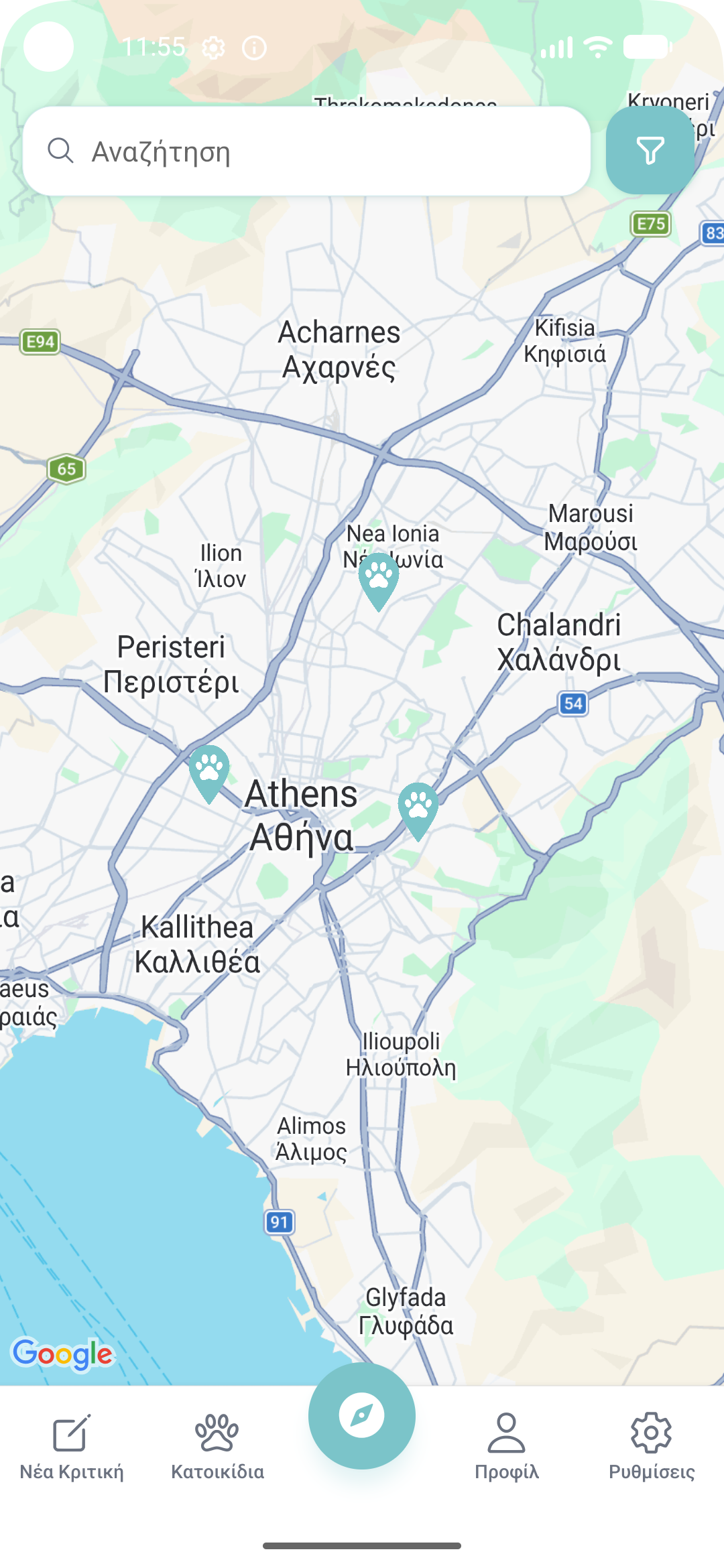 Paw Guide map showing pet-friendly places across Athens